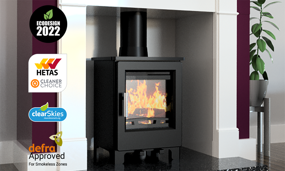 Farrow 5KW Multi Fuel Stove with Eco Design, HETAS Cleaner Choice, clearSkies and Defra Approved for Smokeless Zones Logos